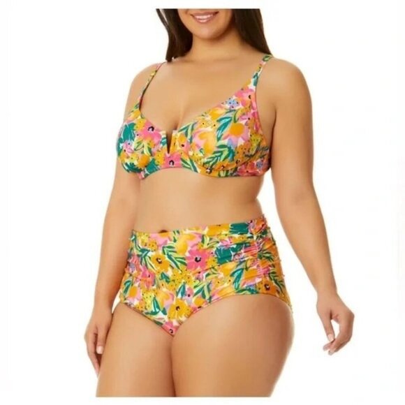 Anne Cole Swimsuit Bikini Two Piece Sunshine Floral Size XXL UPF 50 - Picture 1 of 14